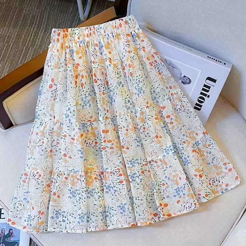 

Girls Patchwork A-Line Skirts Summer 2023 New Elegant Fashion Kids Clothes Chiffon Floral Princess Beach Skirts 13T 14T