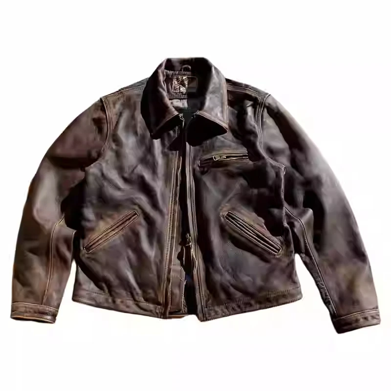 

Dark Brown Autumn Leather Jacket Men Retro Vintage Style Plus Size 5XL Genuine Natural Cowhide Turn-down Collar Leather Coat