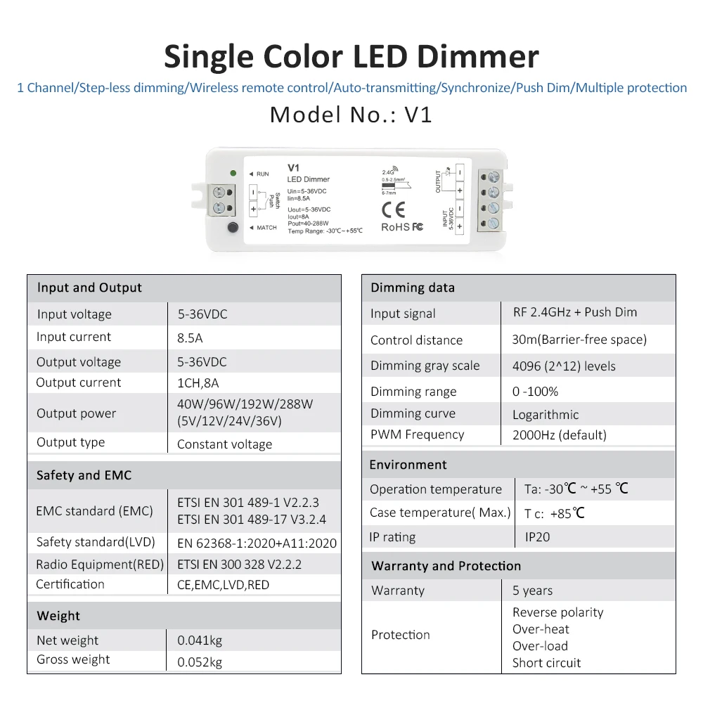 V1 LED Dimmer 12V 24V 36V RT6 4 Zone Single Color LED Strip Dimming Kit Wireless 2.4G RF Remote Control Push Switch Dimer