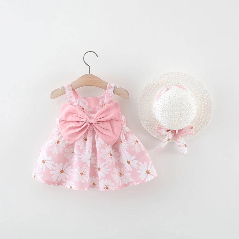 Girls Dresses Summer Bow And Full Print Daisy Pattern Suspender Beach Baby Girl Dress Cute Casual Baby Girl Clothes With Hat ﻿
