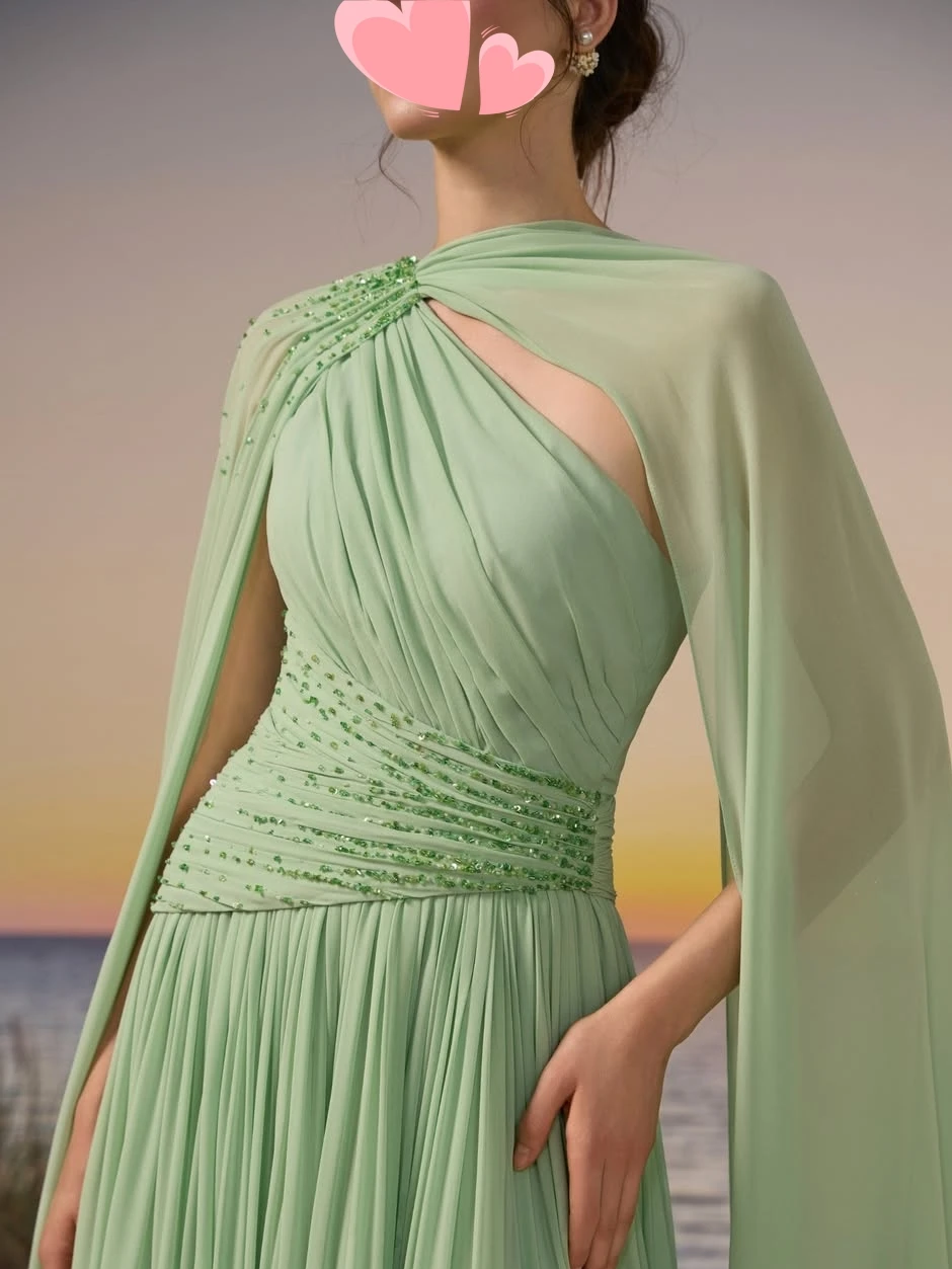 Oisslec Dress Elegant Vintage Sweet Green Beads Chiffon Ruffle Ribbon Customized Formal Occasion Prom Dress Evening Party Gowns