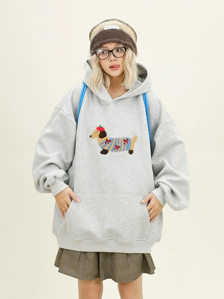 

Women Sweatshirt Streetwear Couples Tops Casual Loose Hoodie Autumn Winter Cartoon Dog Embroidery Hooded Pullover