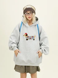 Women Sweatshirt Streetwear Couples Tops Casual Loose Hoodie Autumn Winter Cartoon Dog Embroidery Hooded Pullover