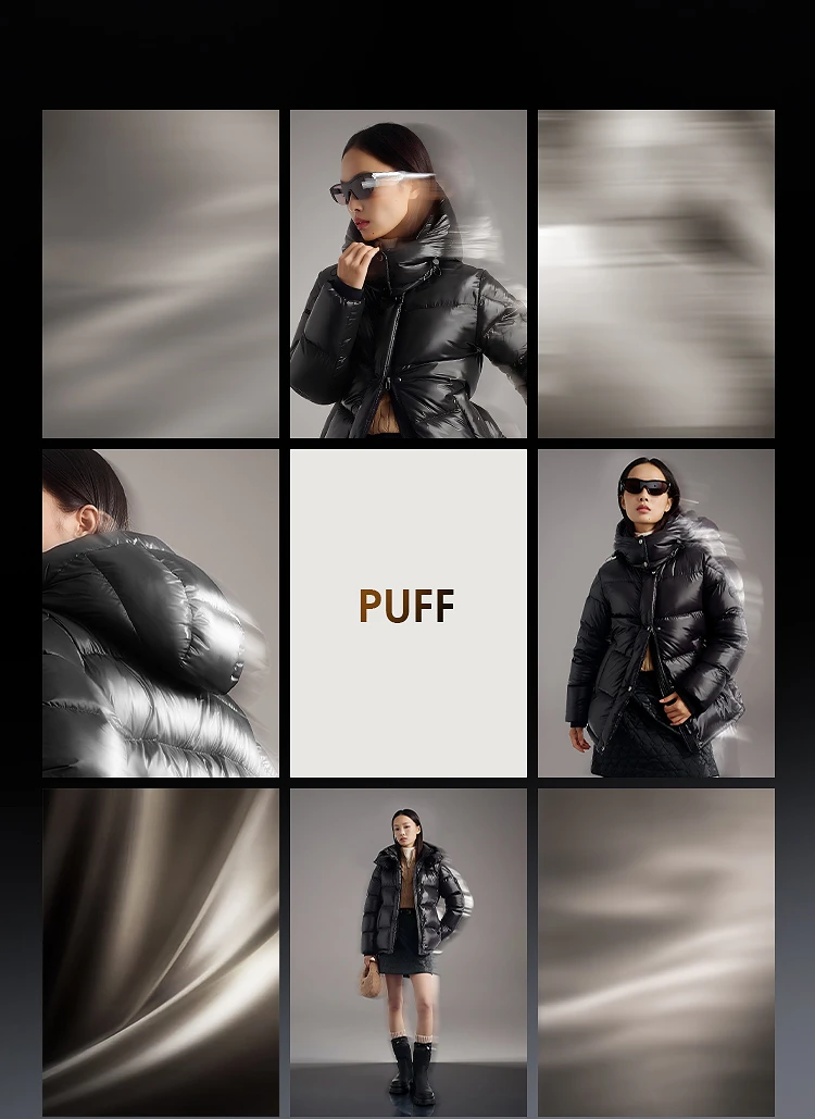 BOSIDENG Women Hooded Short Goose Down Coat 90% Goose Down 700+ Loft Shiny Fabric Adjustable Waist Puff Winter Outerwear