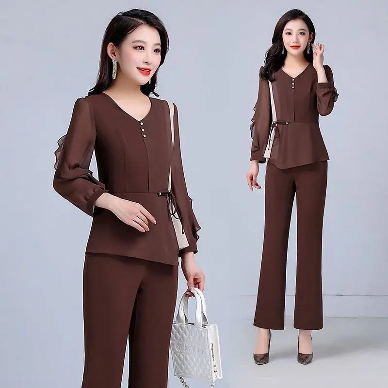 Ensembles de pantalons en mousseline de soie pour femmes, surdimensionnés, col en V, patchwork, bord champignon, tenues féminines, nouvelle mode, printemps, 2024, 2 pièces