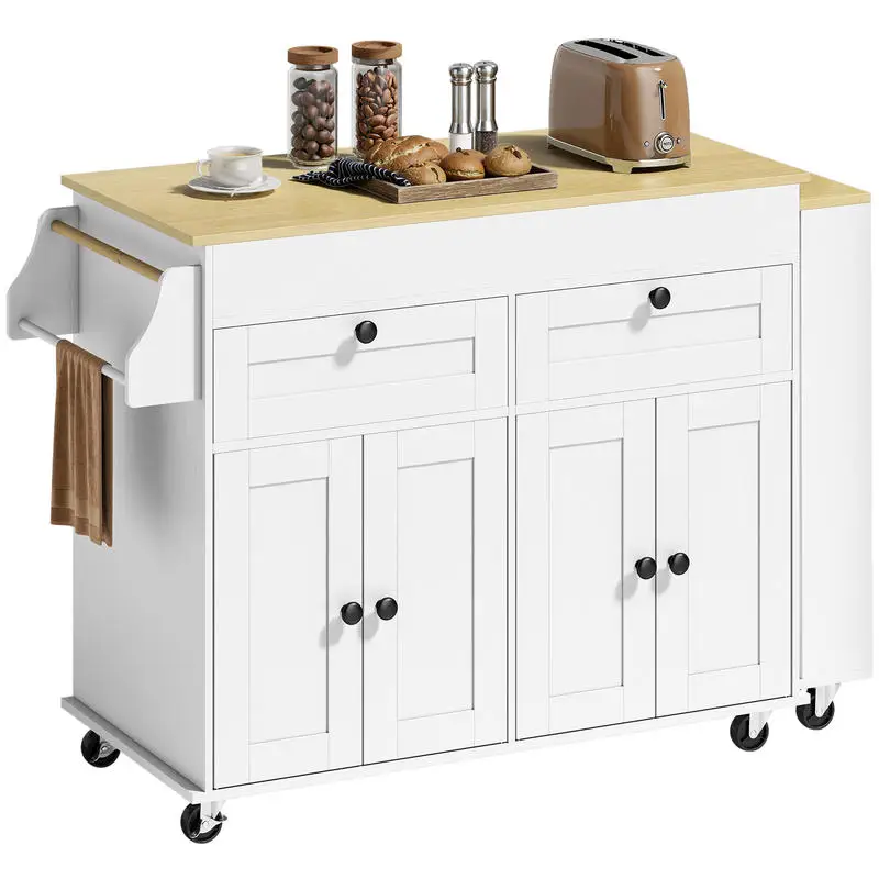 îlot central de cuisine avec plateau extensible, meuble de cuisine sur roulettes avec 2 tiroirs, 4 portes, blanc