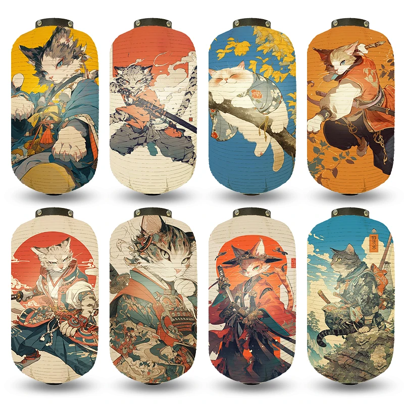 Japanese Lantern Ukiyo-e Style Samurai Cat Art Pattern Paper Lantern Izakaya Pub Restaurant Decor Festival Party Hangings