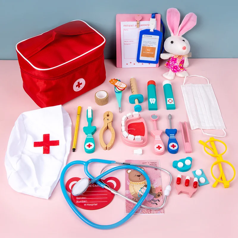 

Children's doctor toy kit injection tool Education wooden simulation Real Life medicine box girl toys gifts home stethoscope