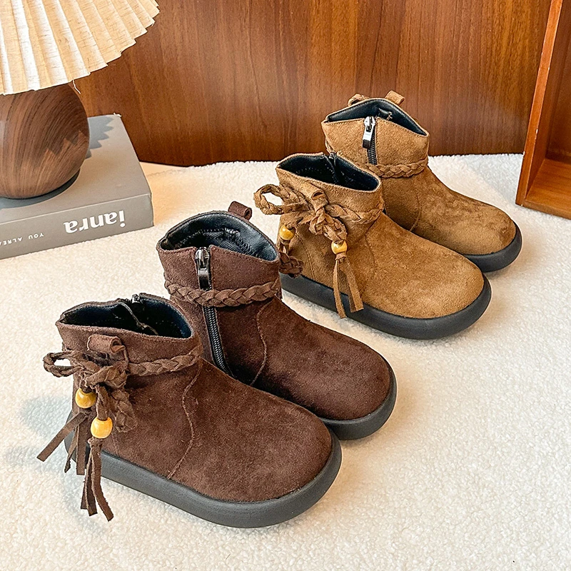 

2025 Retro Children's Boots for Girls Tassel Kids Causal Ankle Boots Fashion Spring Autumn Toddlers School Suede Leather Boots