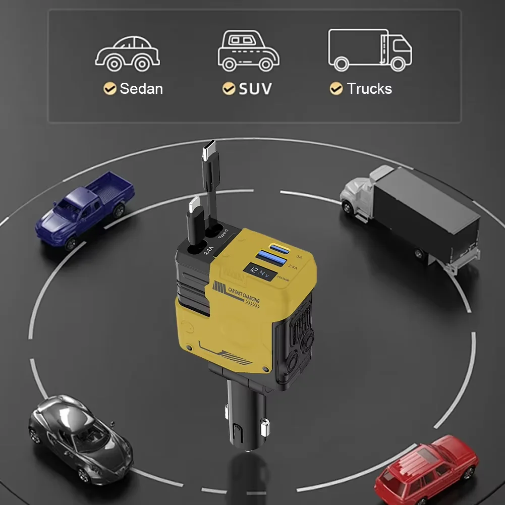 شاحن سيارة 120 وات 4 في 1 محول ولاعة سجائر قابل للسحب مع كابل شحن سريع USB من النوع C لأجهزة iPhone وAndroid