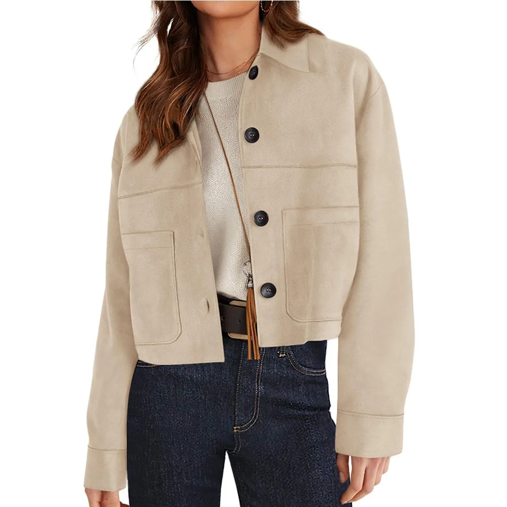 Women's Casual Button Down Cropped Jacket Drop Shoulder Long Sleeve Solid Color Loose Fit Workwear Autumn Coat