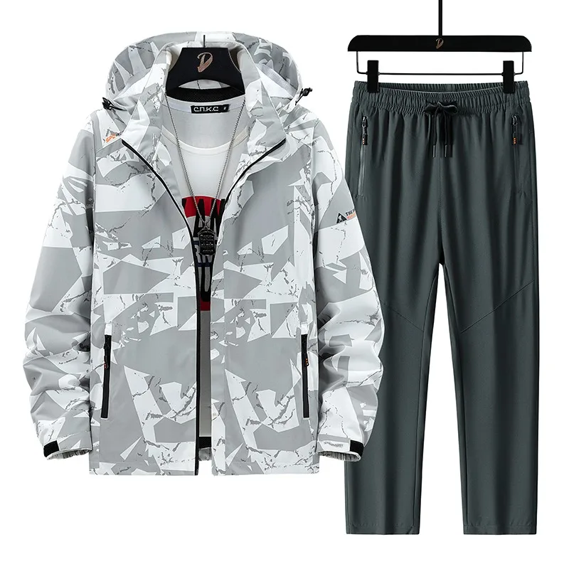 

Men's Long Sleeve Zipper Cardigan Hooded Jacket Elastic High Waist Trousers Casual Sports Suit