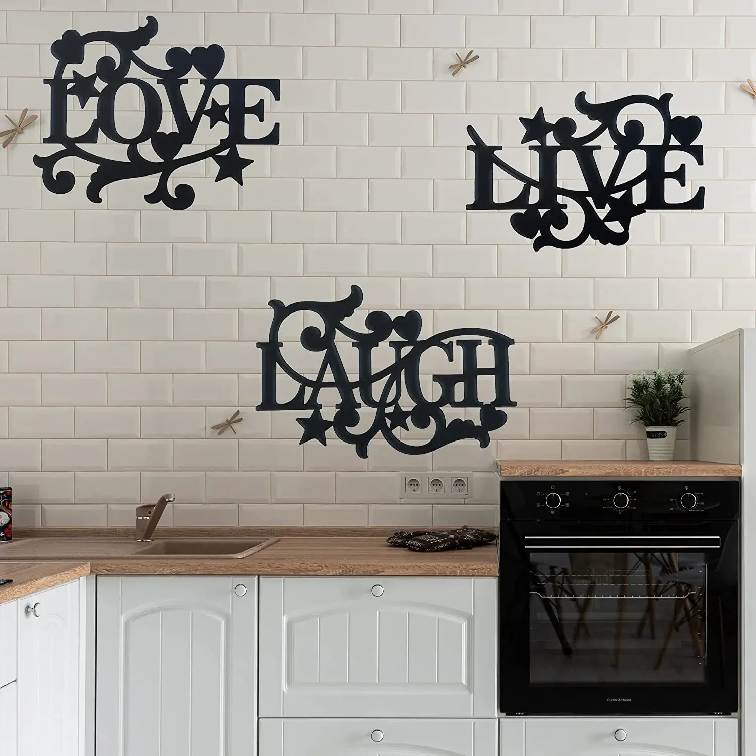 Cifbuy deco 3 stücke metall schwarz segnen wand dekor-liebe live lachen-mattschwarze silhouette wandbehang dekoration livingro