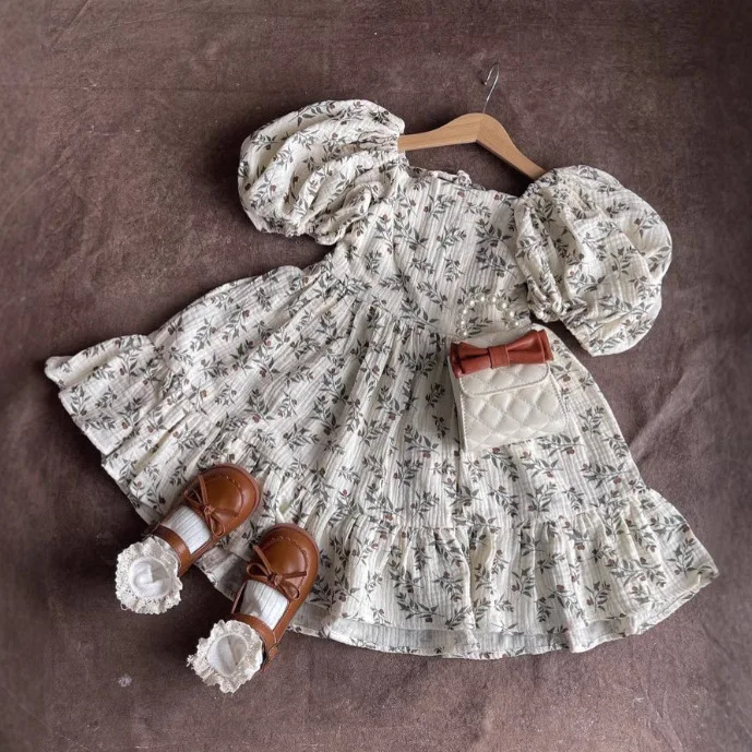 Childrens Dress Spring and Summer New Girls Floral Cotton and Linen Bubble Sleeve Lace Up Dress Kids Clothes Girls