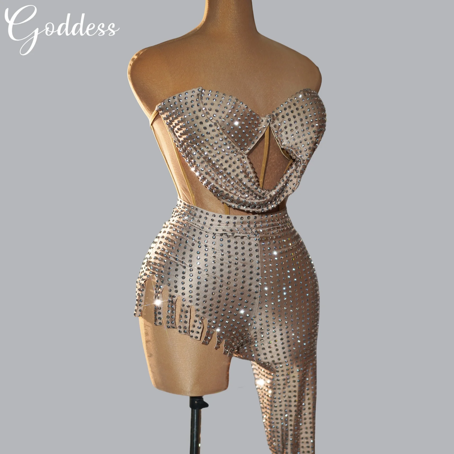 

Sexy Stage Sparkly Rhinestone 2piece set Club Short Jumpsuit Luxurious Women Stretch Mesh Carnival Party Dance Troupe Bodysuits