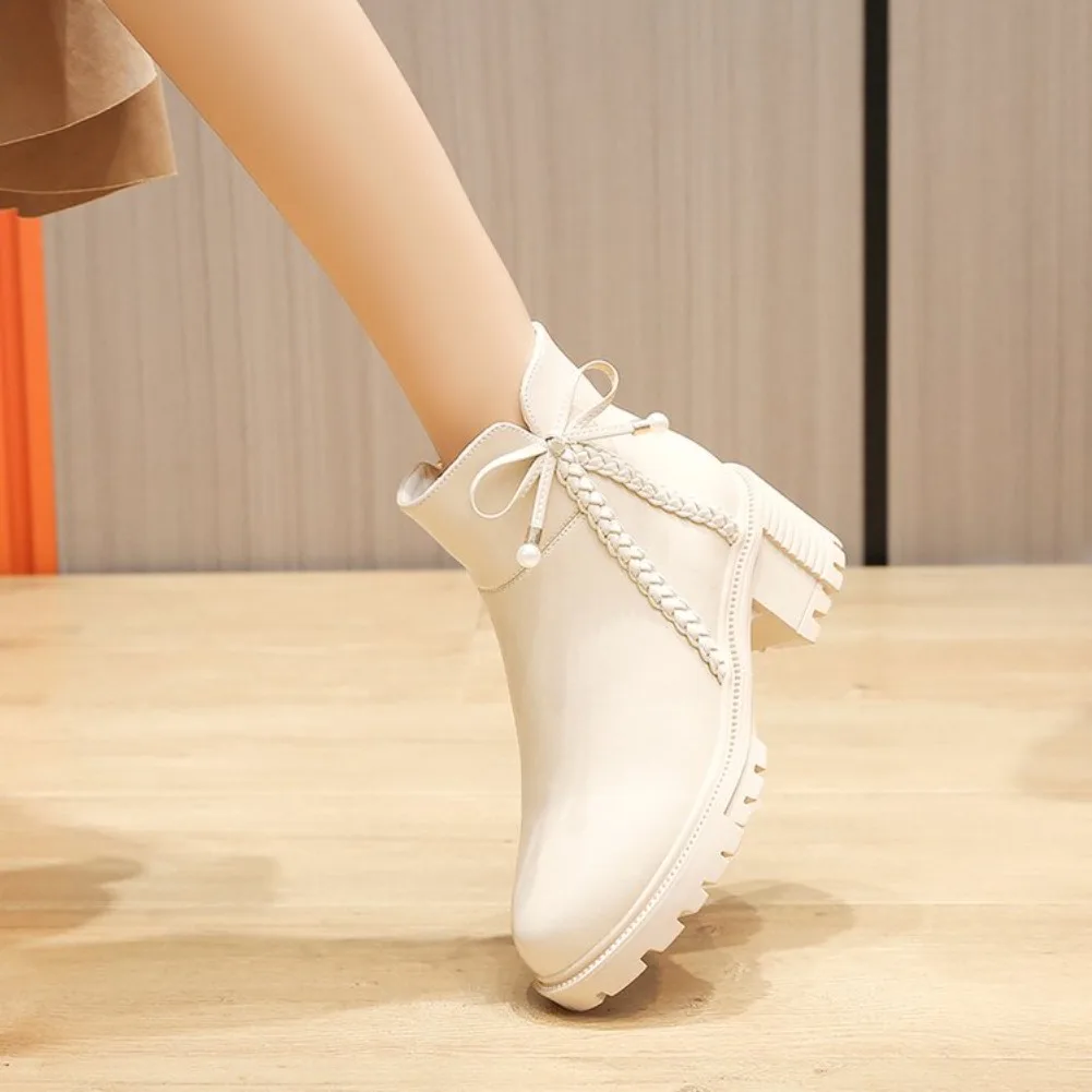 2026 Winter Neue Damenstiefel Mädchen Booties Dickabsatz Niedrigabsatz Kurze Stiefel Seitenreißverschluss Schleife Botas Mujer Schuhe Schwarz Beige