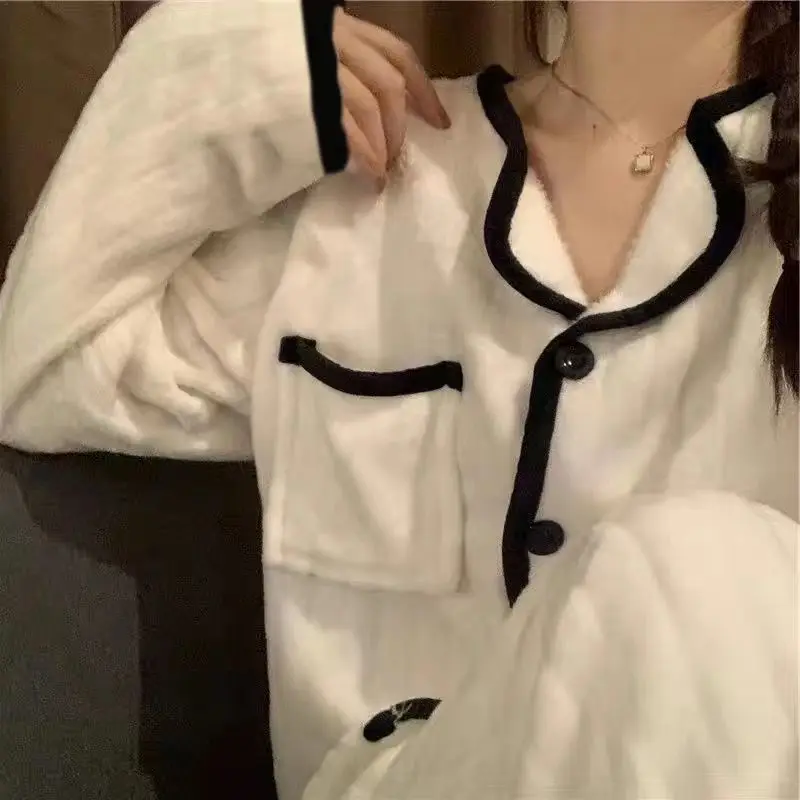 Winter Warm Flannel Women Pyjamas Set Comfortable Simple Cute Button Cardigan Loose Casual Printing 2 Pieces Home Suit Pajamas
