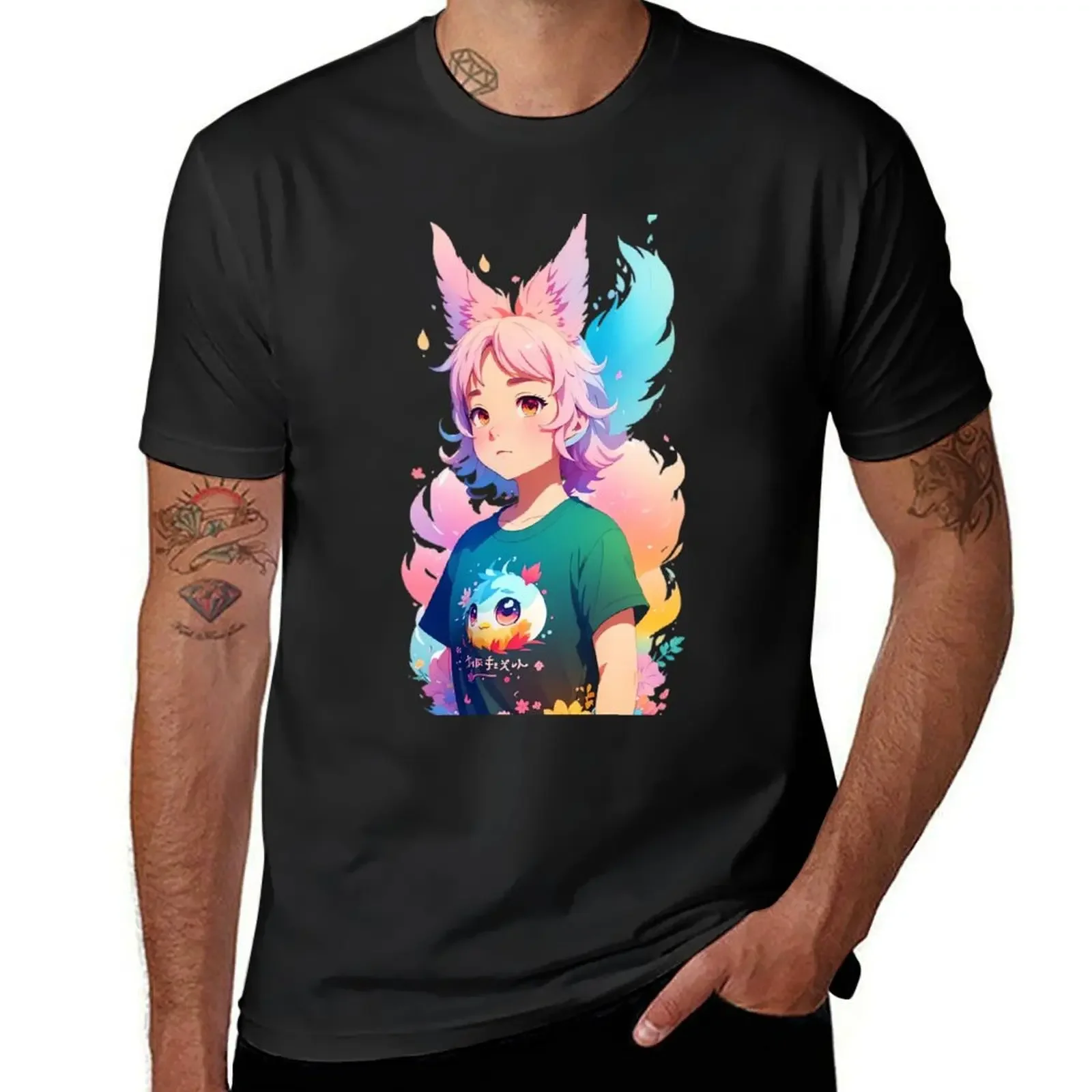 

Mystical Charm: Girl with Wolf Ears in a World of Colors T-Shirt korean fashion custom t shirt luxury clothes men