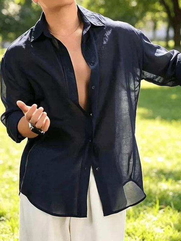 Ultra-Thin Summer Men's Pure Color Casual Shirt Breathable Luxury Lightweight Sun Protection Polyester Fiber Art Trend Shirt