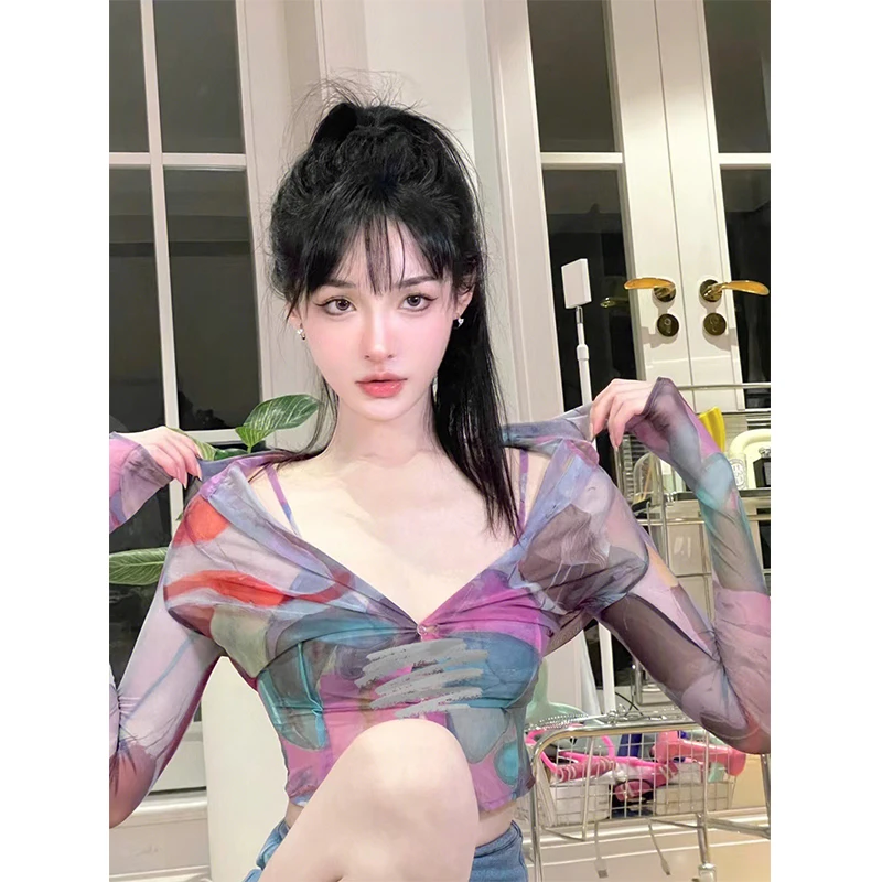 

Spring Summer New plus Size Purple Print Mesh Ultra Transparent Sexy Slim Fit Long Sleeve Shirt Women's Collar Button up