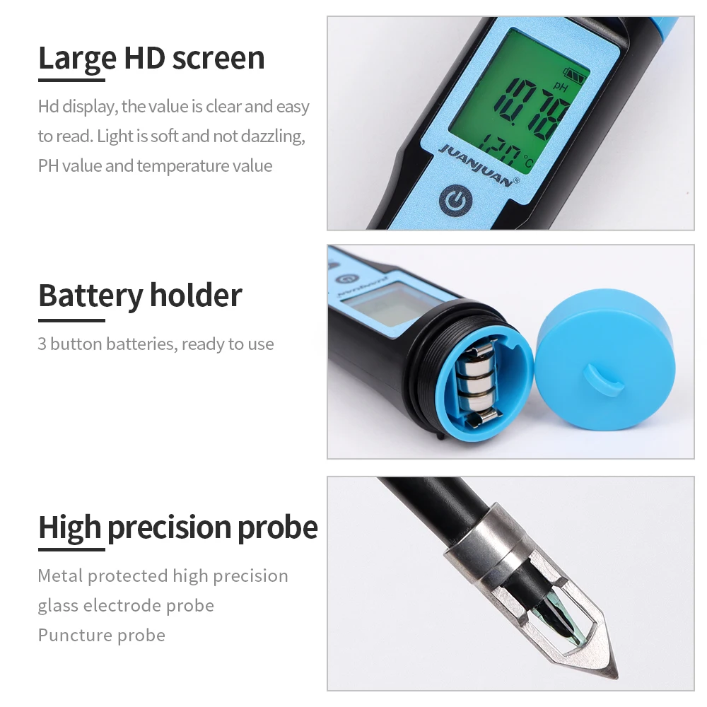 Lebensmittel-PH-Messgerät, 0,00–14,00 PH-Temperaturdetektor, hohe Genauigkeit, digitaler Alkalinitäts-Säure-Tester, Stift zum Einmachen von Fleisch, Käseteig – Detail 14