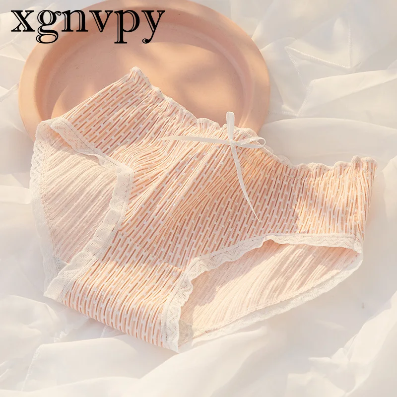 xgnvpy Women\'s Cotton Underwear Lovely Girl Bow Mid Waist Sexy Lace Panties Seamless Comfort Briefs Female Lingerie