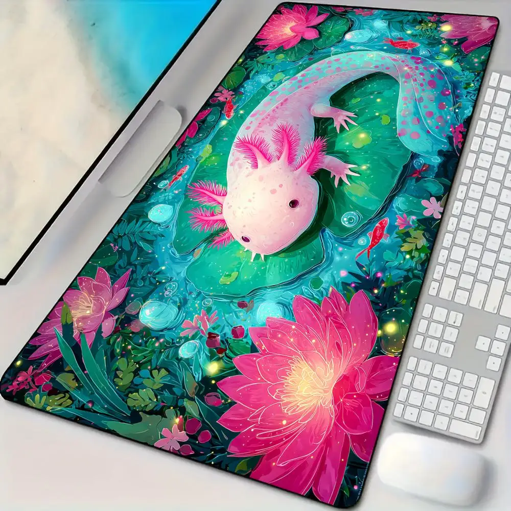 Lotus Pond and Axolotl Mouse Pad Desk Mat Large Computer Office Carpet XXL Mousepad Gamer Gaming PC Accessories Keyboard Rug