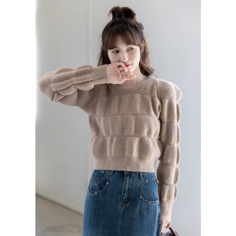 Cropped Sweater Female New Autumn and Winter Models Korean Version Loose Sense of Design Knitwear Puff Sleeve Thickening Type