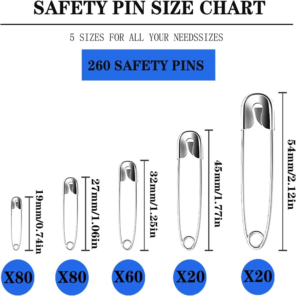 260Pcs Safety Pins Assorted Size Large Safety Pins and Small Safety Pins for Clothes Sewing