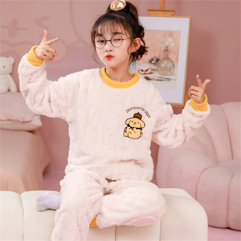 Winter Children Cartoon Thick Warm Cotton Sleepwear Simple Sweet Cute Flannel Girl Pajama  2 Pieces Home Wear