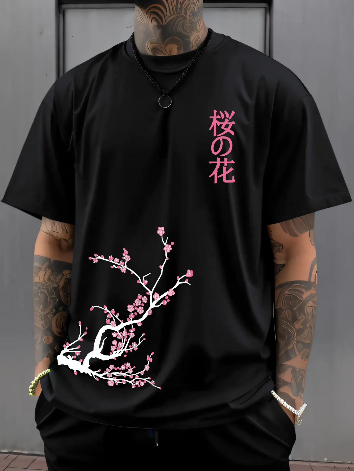 100%cottonsummer men's soft breathable and comfortable T-shirt The beautiful cherry blossoms are suitable for daily casual wear.