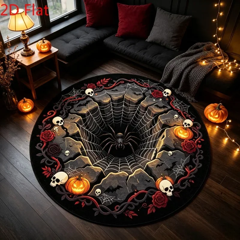 3D Halloween Illusion Round Rug Skeleton Ghost Vortex Area Carpet Spooky Floor Mat Doormat Gothic Halloween Party Decor 2D flat