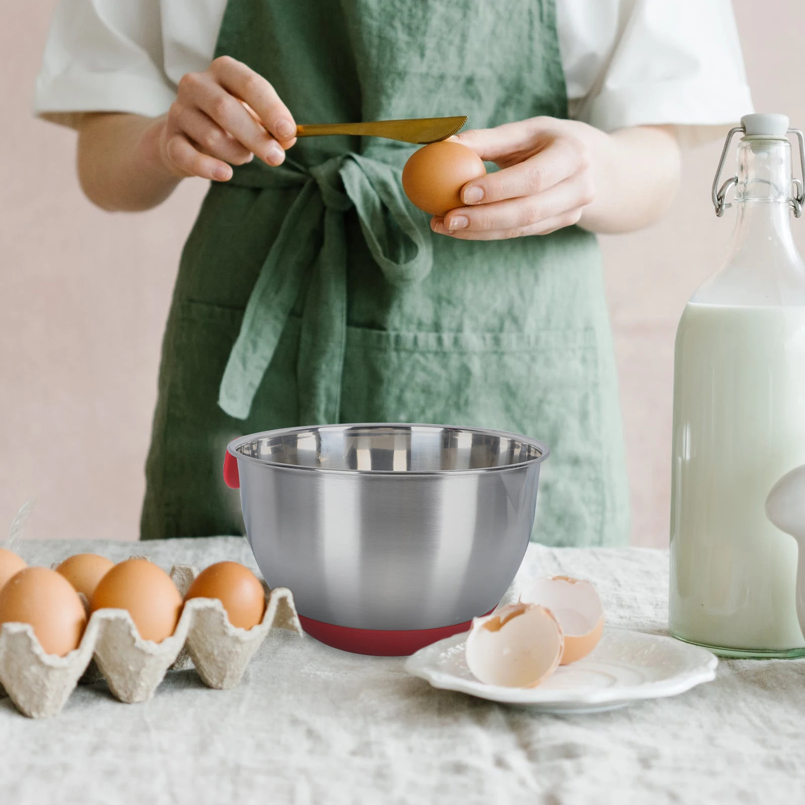 

Silicone Stainless Steel Egg Mixing Bowls Salad Basin Kitchen Supplies Food Storage 450ml Anti Skid Baking Pan Container