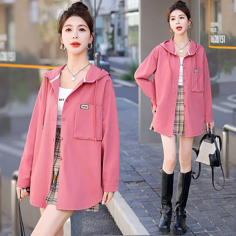 2025 Spring Female Pure Colour Fashion Denim Shirt Women New Korean Loose Hooded Casual Shirt Thin Coat Elegant Temperament Top