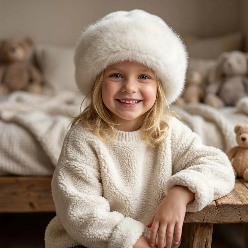 Gorro de invierno para niños de piel sintética estilo mongol, cálido, a prueba de viento, con orejeras de felpa, gorro suave y grueso para niños y niñas.