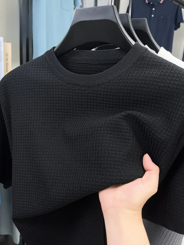 

Мужская футболка Rn Luxury с коротким рукавом, модный вязаный топ с круглым вырезом для весны и осени, универсальная повседневная одежда