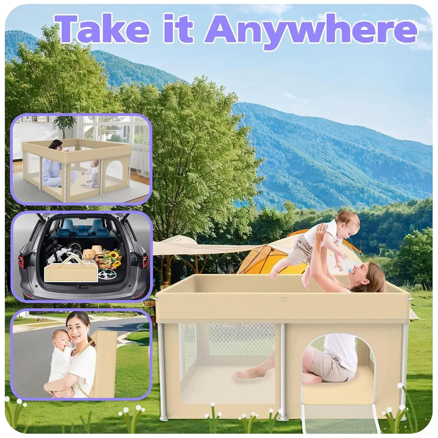 Parque infantil plegable para bebés y niños pequeños, parque portátil de 50 "× 50" con bolsa de transporte y 50 pelotas oceánicas, valla para bebés para interiores y exteriores