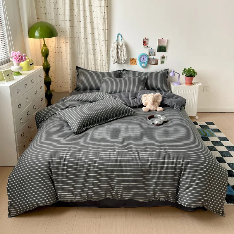 4PCS Grey Striped Bedding Set Modern White Pinstripe Duvet Cover Set with Pillowcases Soft Breathable Bed Linen for All Seasons