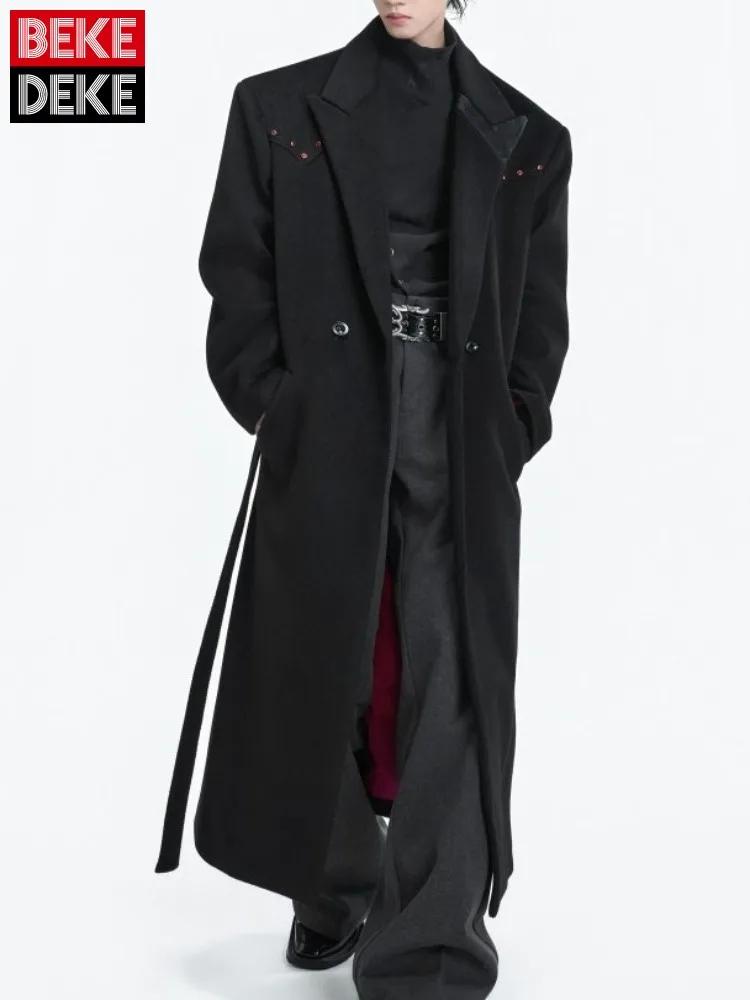 

Streetwear Mens Woolen Long Coat Autumn Winter New Loose Fit Casual Shoulder Padded Personality Overcoat Designer Windbreaker