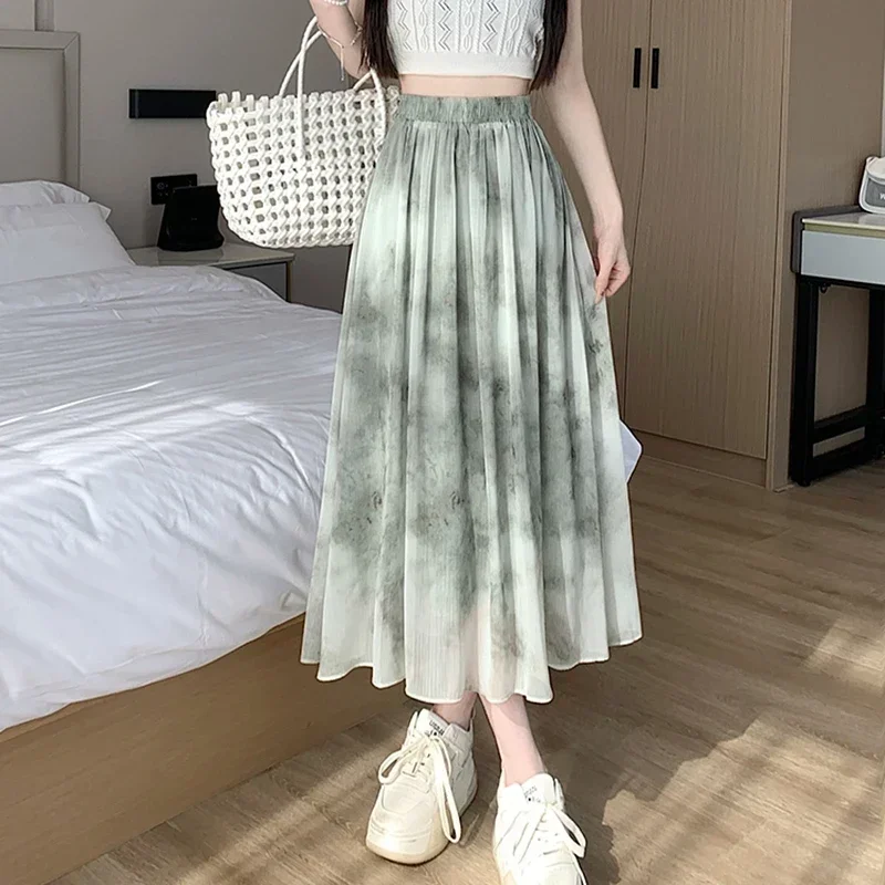 여름 쉬폰 라인 스커트 여성 2025 빈티지 한국 패션 Y2k 의류 높은 허리 Faldas 캐주얼 탄성 긴 Pleated 스커트
