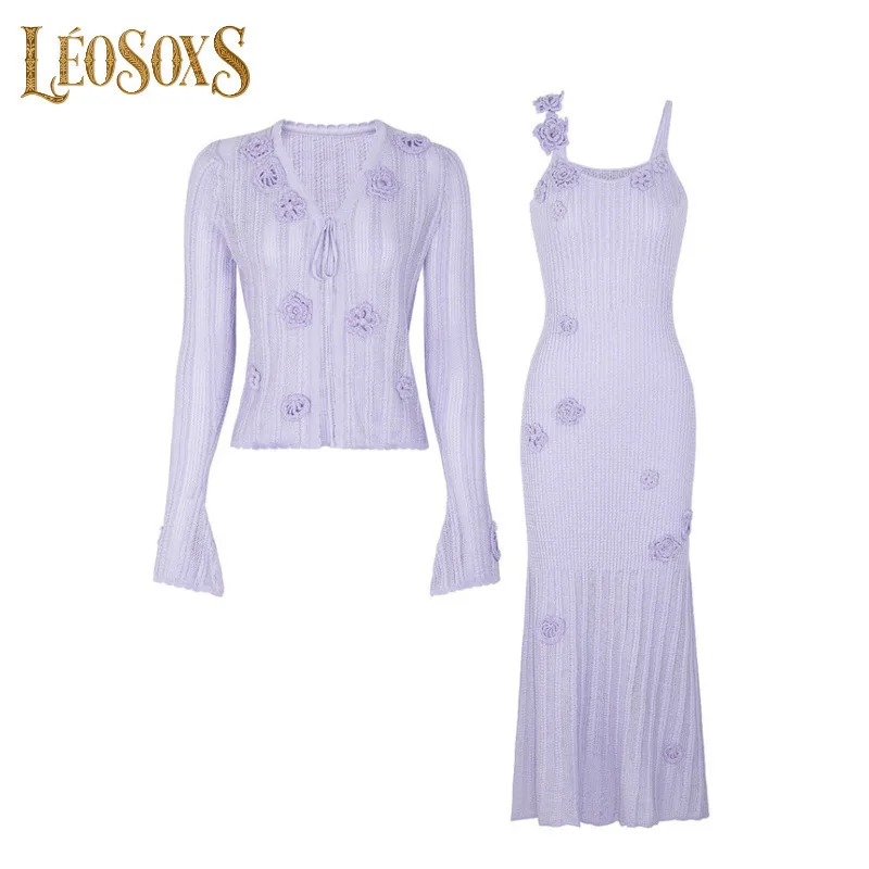 

LEOSOXS Womens Knit Two Piece Set Button Front Jacket Floral Embellished Wide Leg Pants for Comfortable Daily Wear Weekend Style