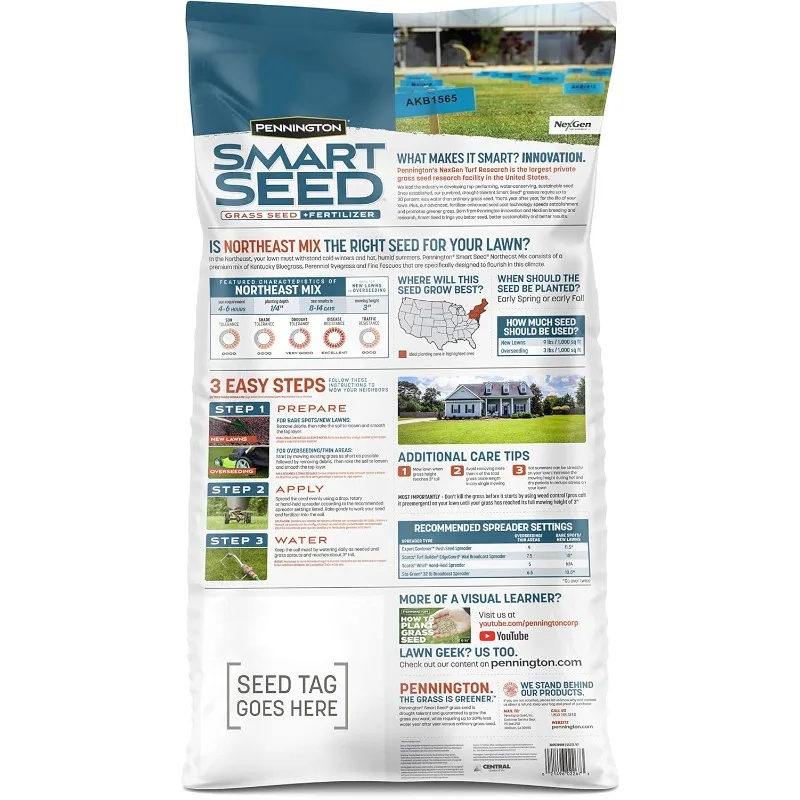 Smart Seed Northeast Grass Mix 20 Lb, Drought Resistant and Covers 6,600 Sq Ft