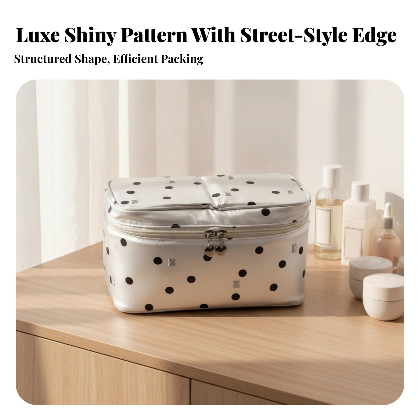 Cosmetic Bag with Brush Slots Dot Print Makeup Bag with Brush Compartment Makeup Organizer with Dividers Multi-Pocket
