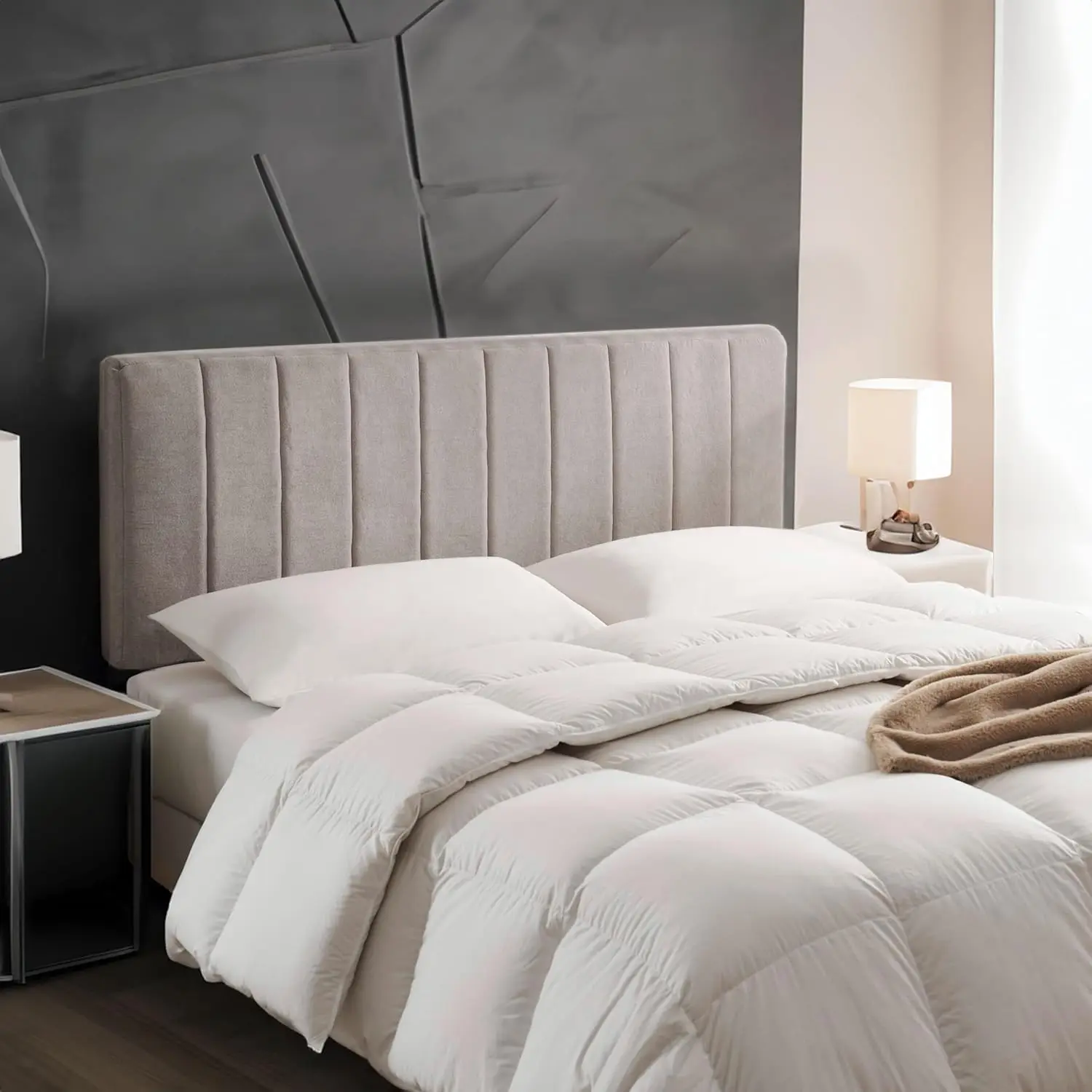 

Upholstered Twin Headboard - Easy Assemble Channel Stitched - Wall Mounted With 3D Soundproof Wall Panels - Peel & Sti Floating