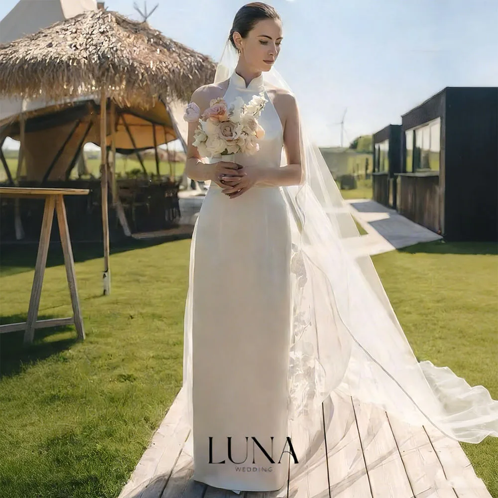 Luna Customized Civil Wedding Dresses 2026 Simple High Collar Sleeveless Bridal Party Dresses Straight vestido de novia boda