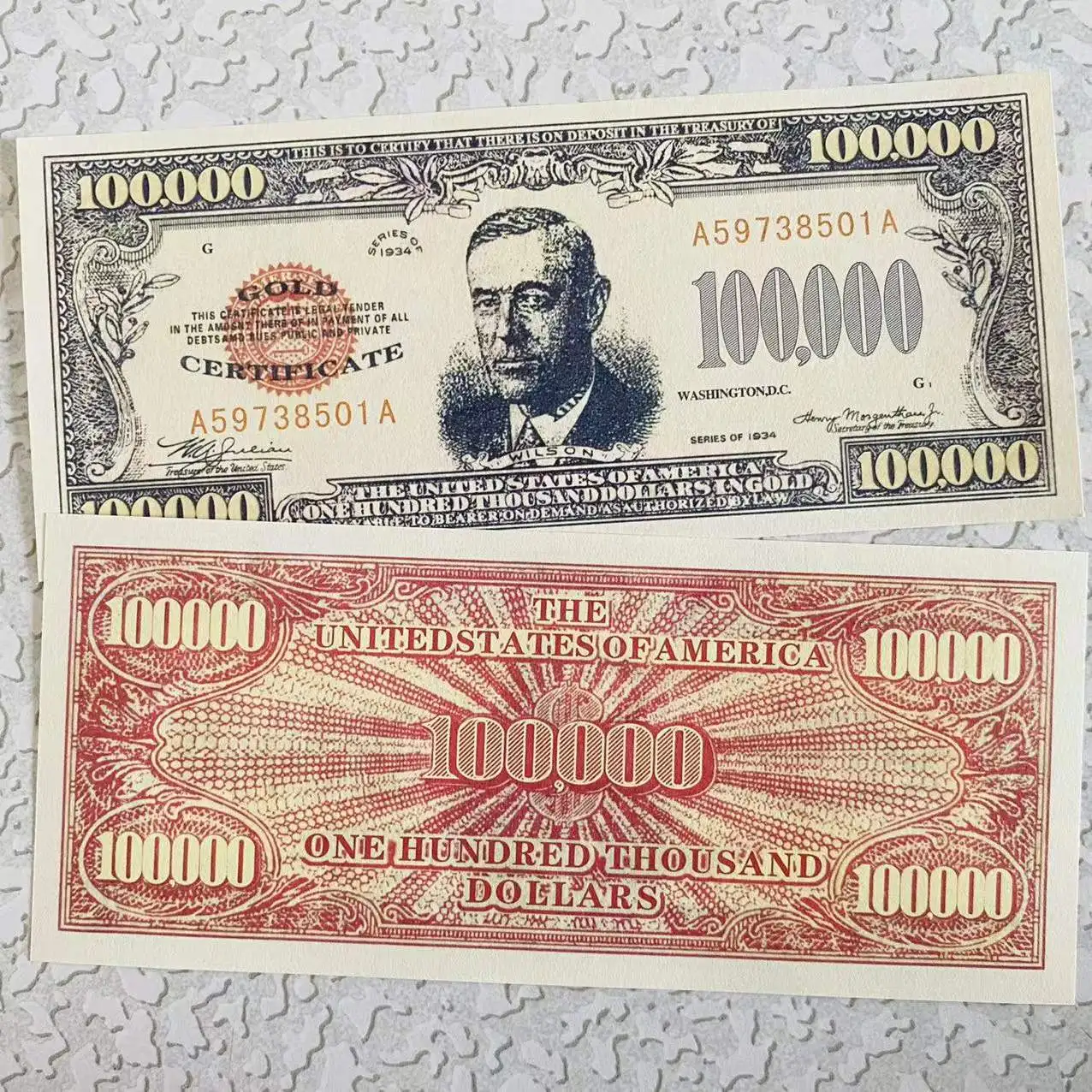 US 100000 Dollars Old Money Paper Bills Banknotes 1934 One Hundred Thousand Non-currency Wilson Dollar