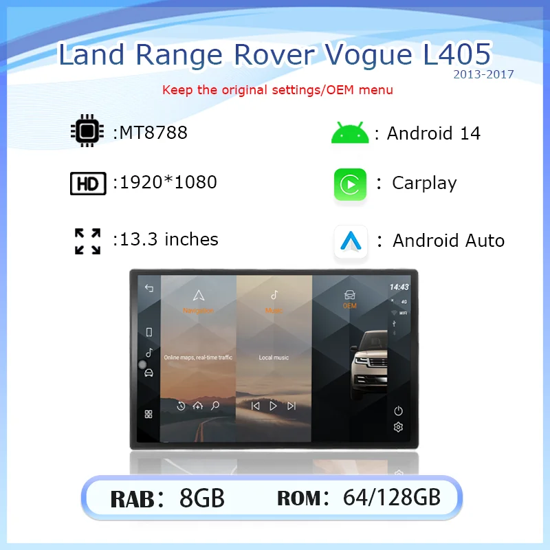 13.3 INCH For Land Range Rover Vogue L405 2013‑2017 Android Auto Carplay Multimedia Player Android14 Smart Car System Wireless