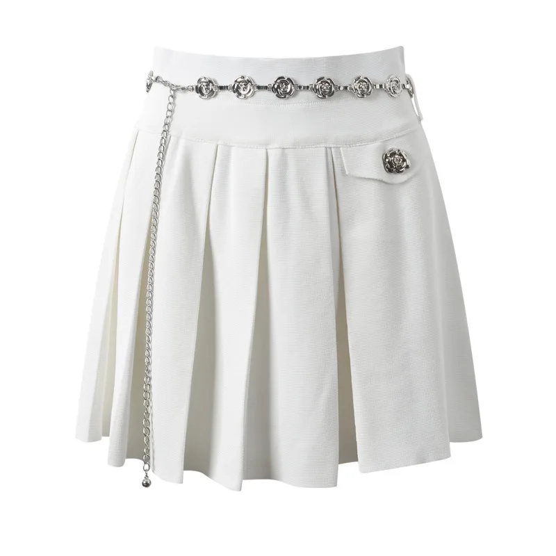 CHUJIE Women's Dress Set 2025 Spring/Summer New French Round Neck Flower Button Short Sleeved Top+Flower Chain+pleated Skirt