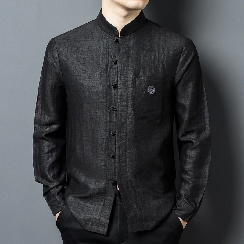 

Frog Embroidery Premium Shirts For Men Long Sleeve Silk 100% Summer Quality Gambiered Canton Gauze Lightweight Camisas De Hombre