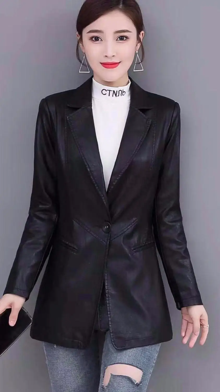 Women Trendy Black Soft Faux Leather Slim Fitting Blazer Jacket Long Sleeve Office Lady PU Suit Coat Chic Spring Autumn New